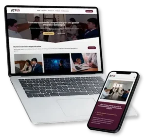 Mockup de laptop y celular del proyecto de página web de Actus como testimonio de cliente de Onza Marketing