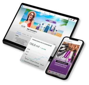 Mockup de Facebook, reporte de interacciones y publicación móvil de Star Cosmetic’s sobre productos de belleza